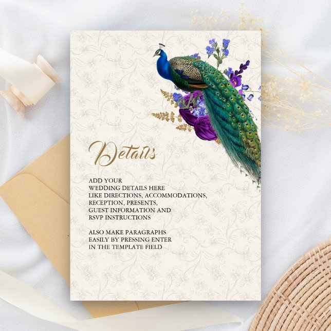 Royal Blue Purple Floral Peacock Wedding Details Enclosure Card (Creator Uploaded)