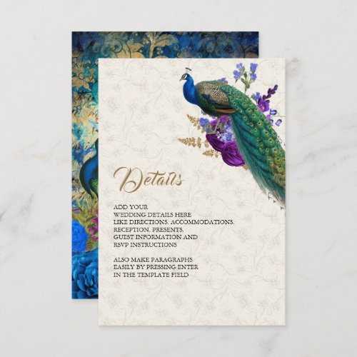 Royal Blue Purple Floral Peacock Wedding Details Enclosure Card