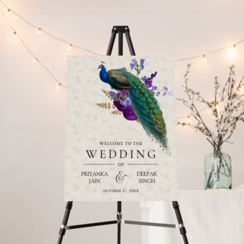 Royal Blue Purple Floral Peacock Wedding Welcome Foam Board