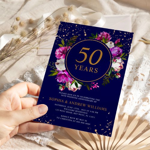 Royal Blue Purple Flowers 50th Wedding Anniversary Invitation