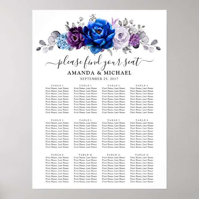 Royal Blue Purple Navy Lilac Blooms Seating Chart (Front)
