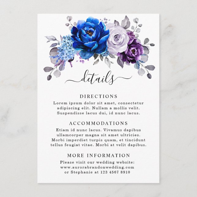 Royal Blue Purple Navy Lilac Blooms Wedding Detail Enclosure Card (Front)