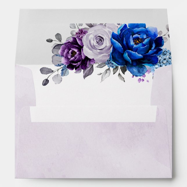 Royal Blue Purple Navy Lilac Blooms Wedding Envelope (Back (Bottom))