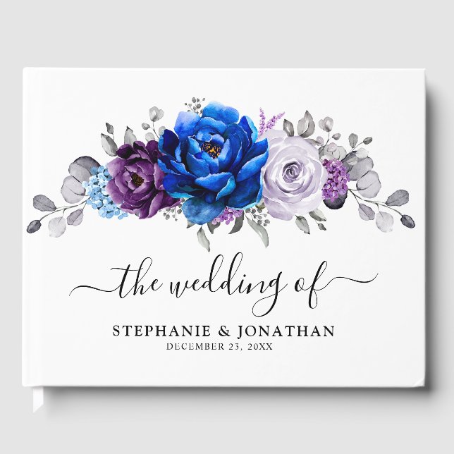 Royal Blue Purple Navy Lilac Blooms Wedding Guest Book (Front)
