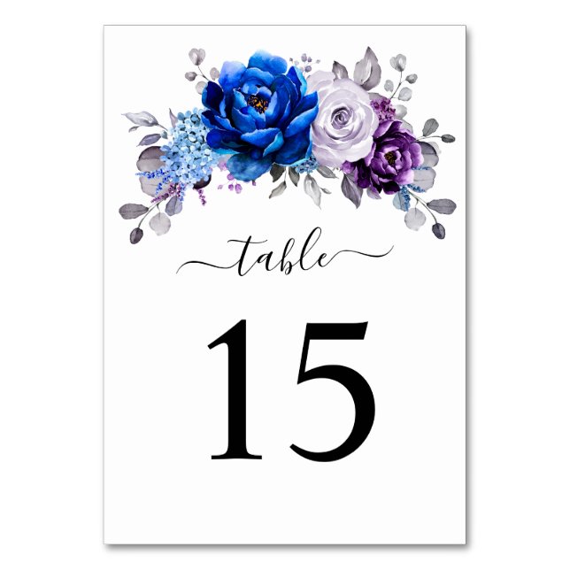 Royal Blue Purple Navy Lilac Blooms Wedding Table Number (Front)