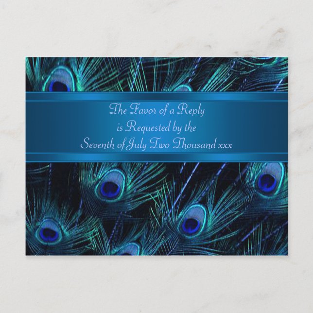 Royal Blue Purple Peacock Feathers Wedding Invitation Postcard (Front)