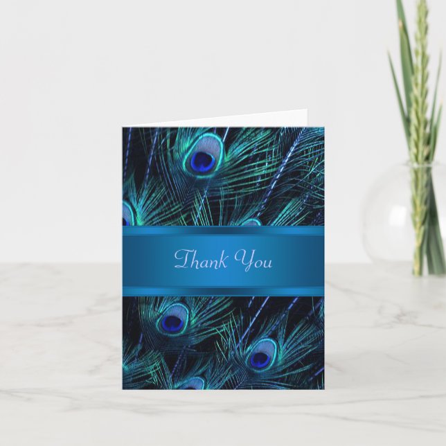 Royal Blue Purple Peacock Feathers Wedding Thank You Card (Front)