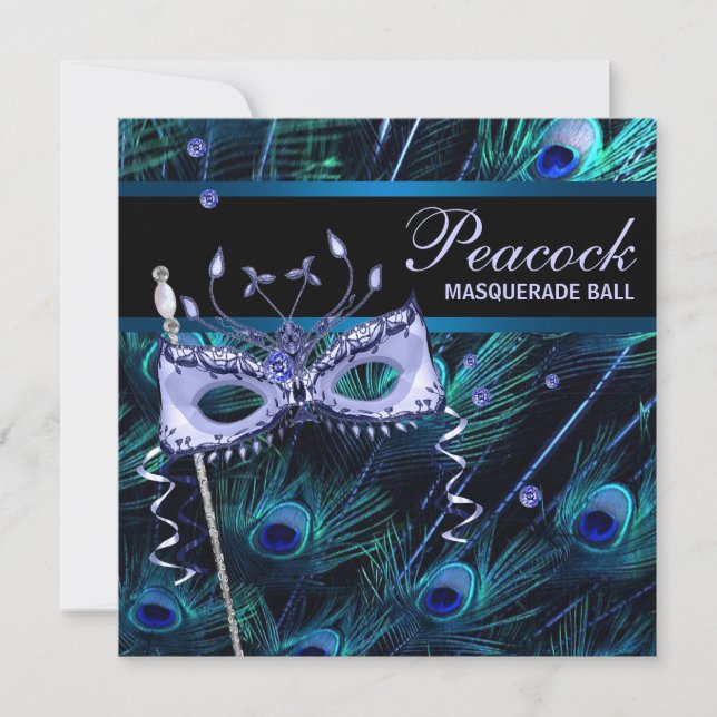 Royal Blue Purple Peacock Masquerade Party Invitation (Front)