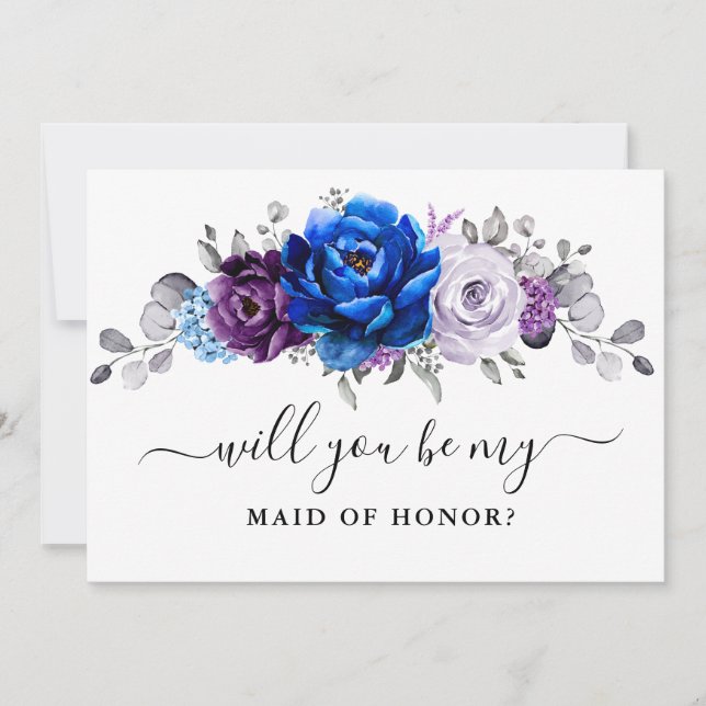Royal Blue Purple Will you be my Maid of Honor Invitation (Front)