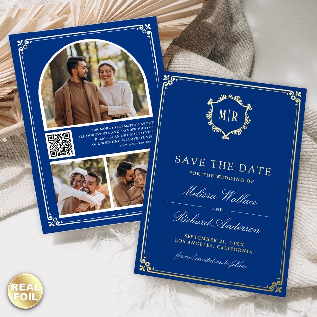 Royal Blue QR Code Photo Wedding Save the Date Foil Invitation (Creator Uploaded)