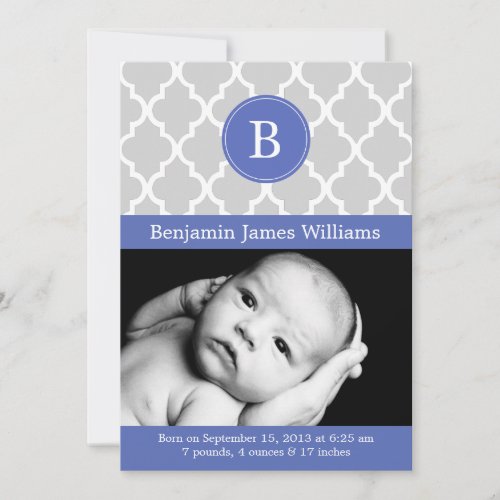 Royal Blue Quatrefoil Monogram Birth Announcements