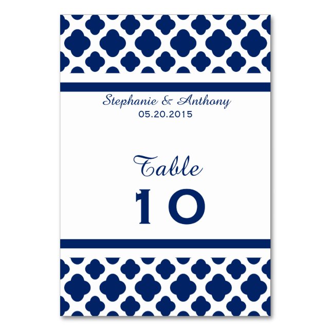Royal Blue Quatrefoil  Wedding Table Number (Front)