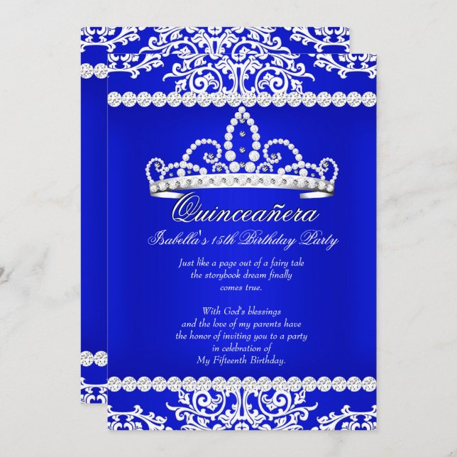 Royal Blue Quinceanera 15th Birthday Party Tiara Invitation (Front/Back)