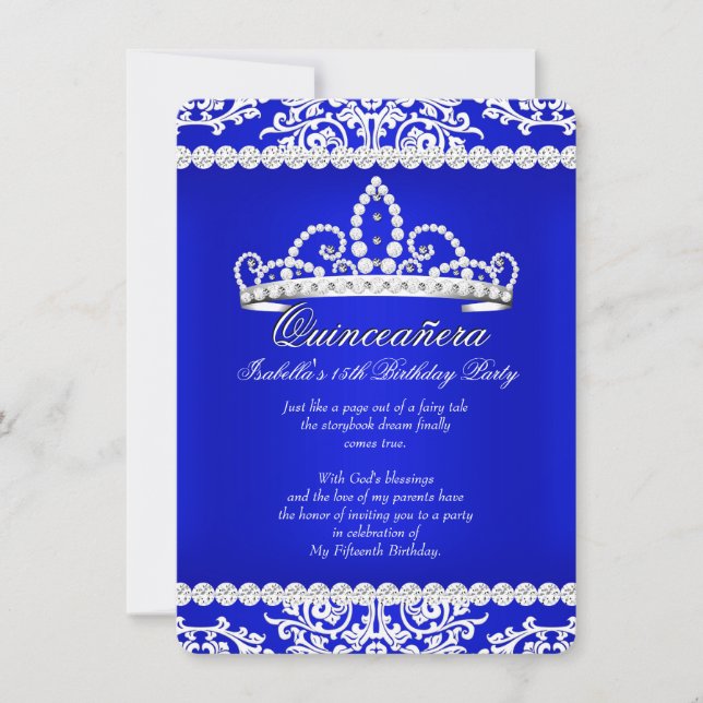 Royal Blue Quinceanera 15th Birthday Party Tiara Invitation (Front)