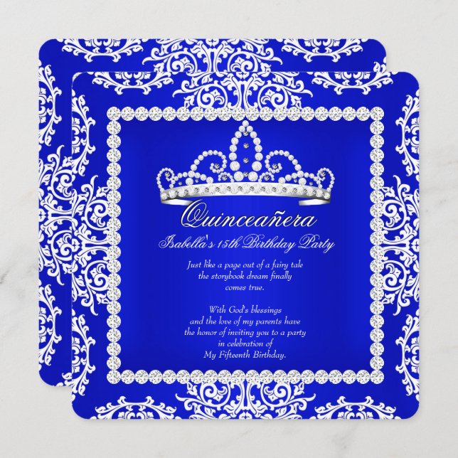 Royal Blue Quinceanera 15th Birthday Party Tiara Invitation (Front/Back)