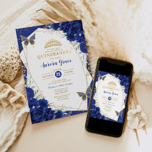 Royal Blue Quinceañera Butterflies Mis Quince Invitation
