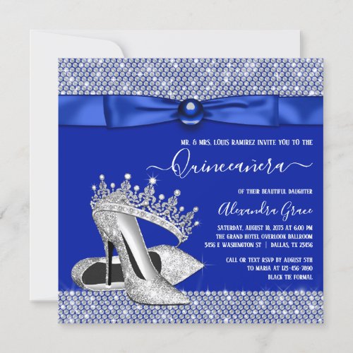 Royal Blue Quinceanera Diamond Tiara Shoe Invitation