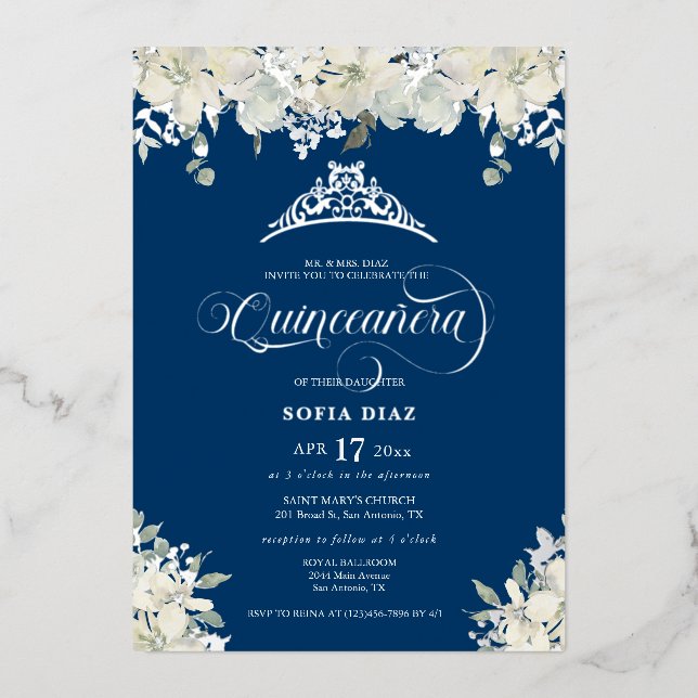 Royal Blue Quinceañera Floral Gold   Foil Invitation (Front)