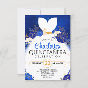 Royal Blue Quinceanera Floral Princess Dress Invitation