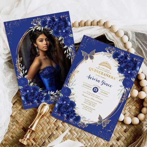 Royal Blue Quinceaera Flower Butterfly Photo Invitation