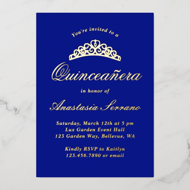 Royal Blue Quinceanera Foil Invitation (Front)