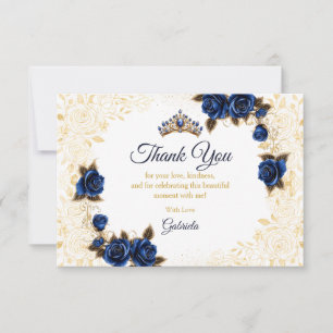 Royal Blue Quinceañera Golden Tiara Roses Floral   Thank You Card