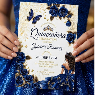 Royal Blue Quinceañera Golden Tiara Roses Invitation