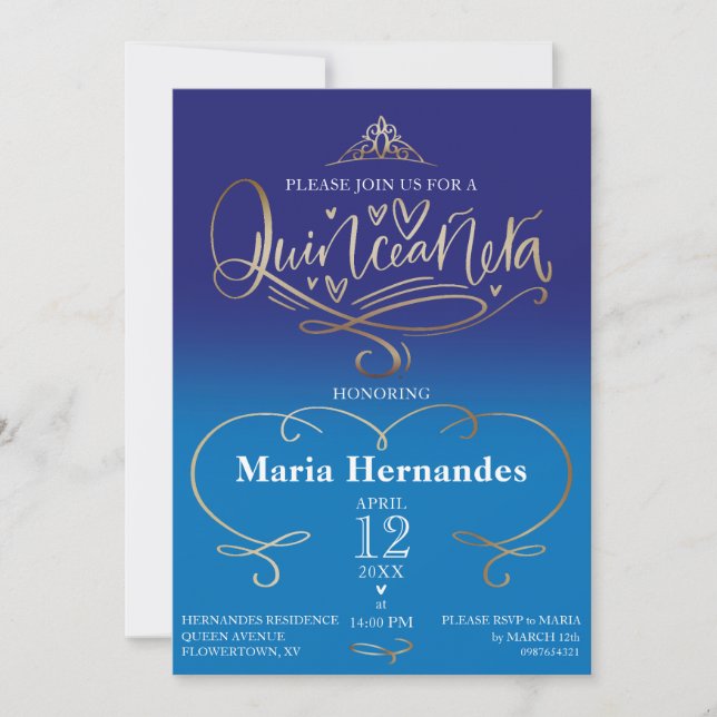 Royal Blue Quinceañera Invitation Template (Front)