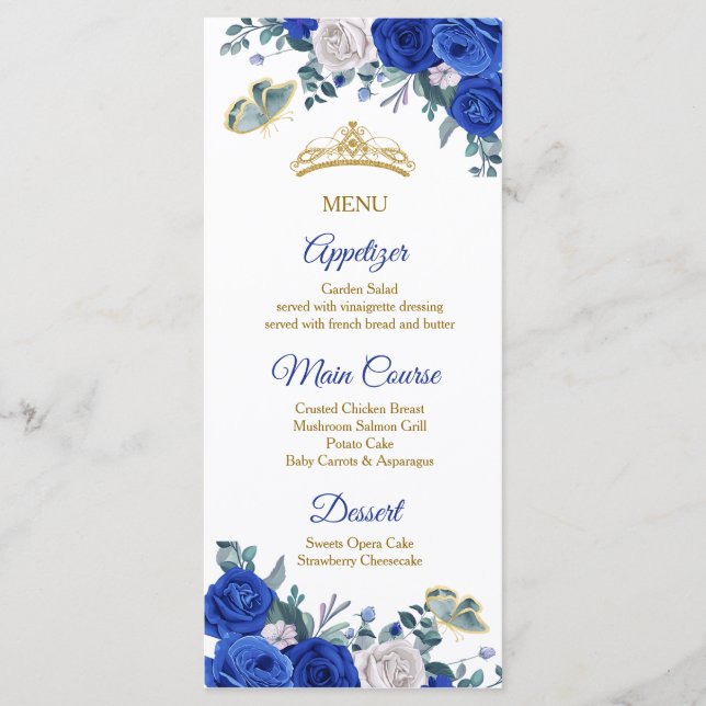 Royal Blue Quinceañera Menu Card (Front)