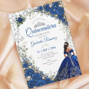 Royal Blue Quinceañera Silver Butterflies Invitation