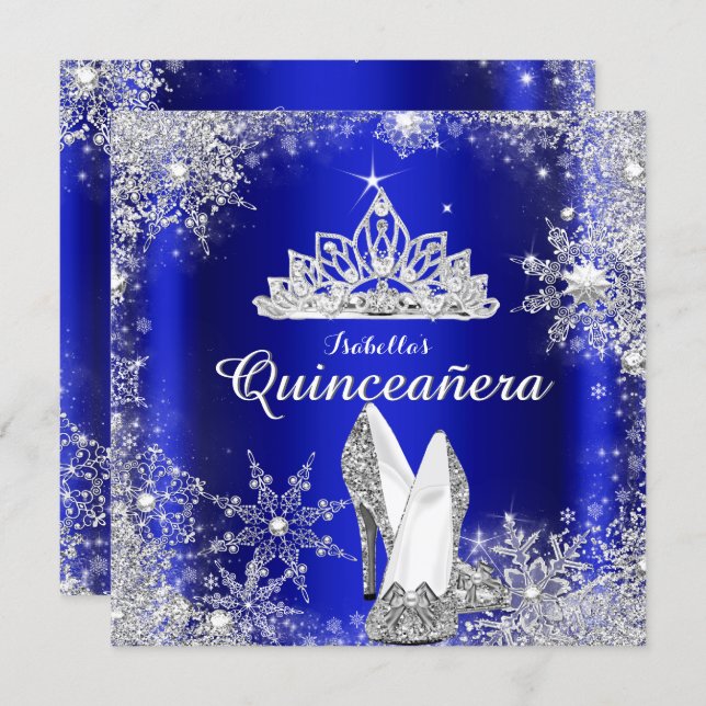 Royal Blue Quinceanera Silver Tiara 15th Birthday Invitation (Front/Back)