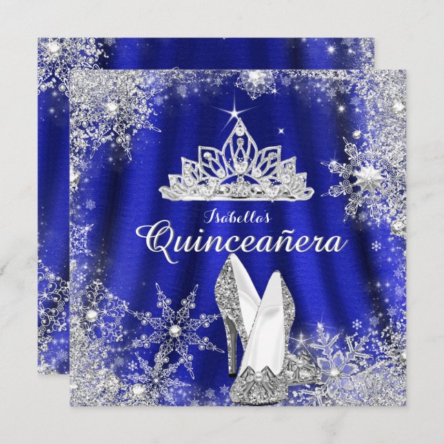 Royal Blue Quinceanera Silver Tiara 15th Birthday Invitation (Front/Back)