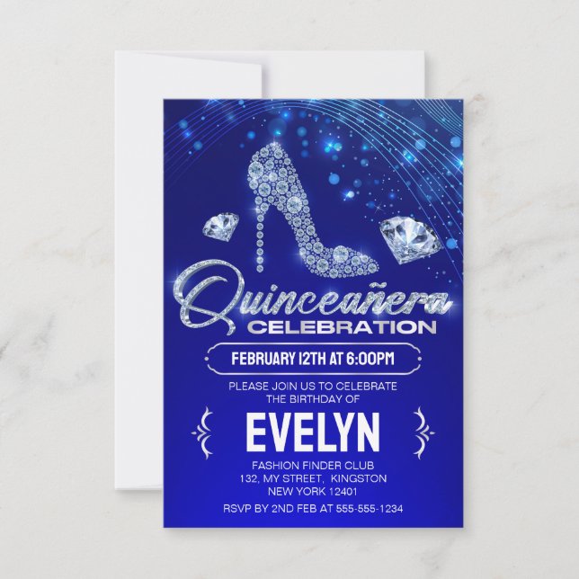 Royal Blue Quinceanera Sparkles Diamond Birthday Invitation (Front)