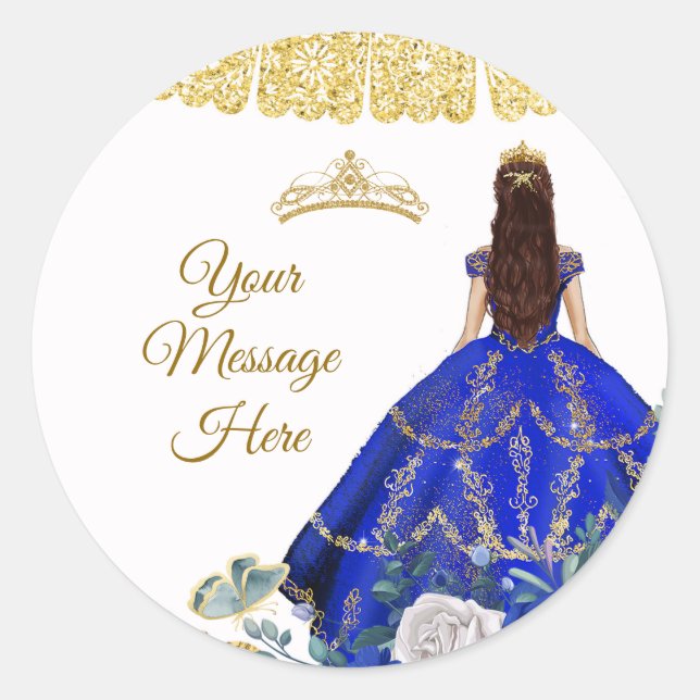 Royal Blue Quinceañera Your Message Here Classic Round Sticker (Front)