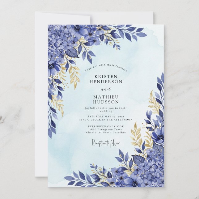 Royal Blue Radiant Hydrangea Wedding Invitation (Front)