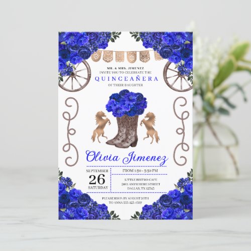 Royal Blue Ranchero Floral Boots Quinceanera Invitation