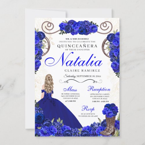 Royal Blue Ranchero Princess Quinceanera Invitation