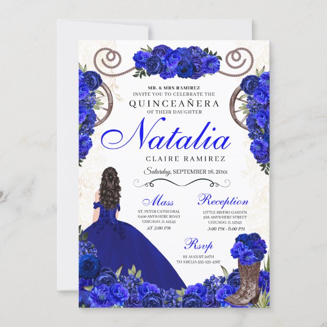 Royal Blue Ranchero Princess Quinceanera Invitation (Front)