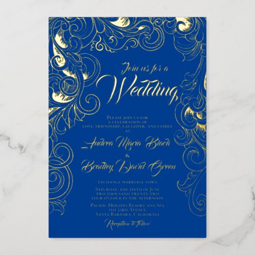 Royal Blue Real Gold Foil Abstract Floral  Foil Invitation