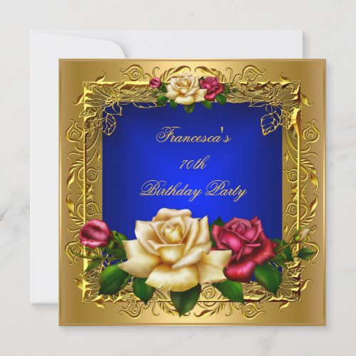 Royal Blue Red Cream Roses Gold Elegant Birthday B Custom Invites