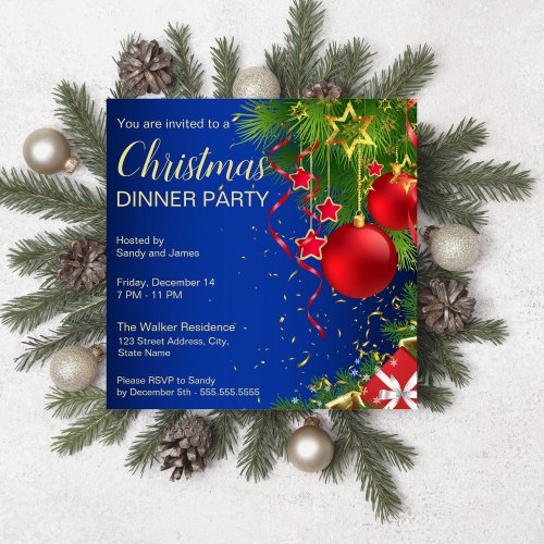 Royal blue red green baubles stars Christmas Invitation