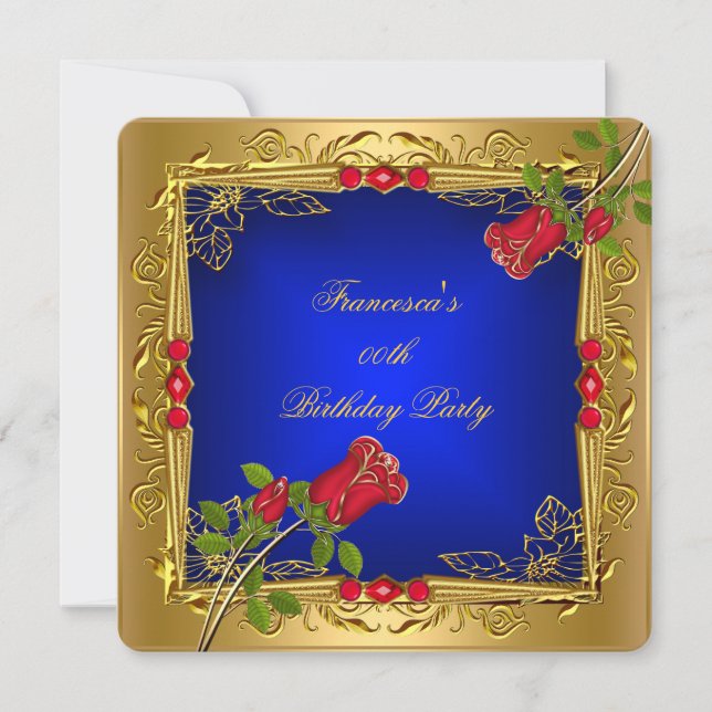 Royal Blue Red Roses Gold Elegant Birthday Party Invitation (Front)
