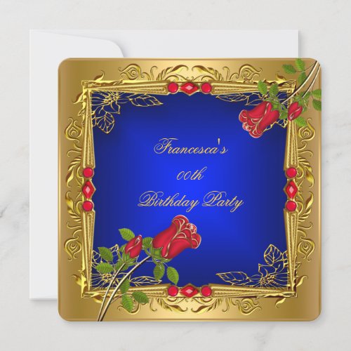 Royal Blue Red Roses Gold Elegant Birthday Party Invitation