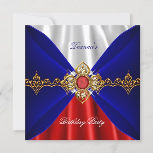 Royal Blue Red White Birthday Gold Jewel Silk Invitation