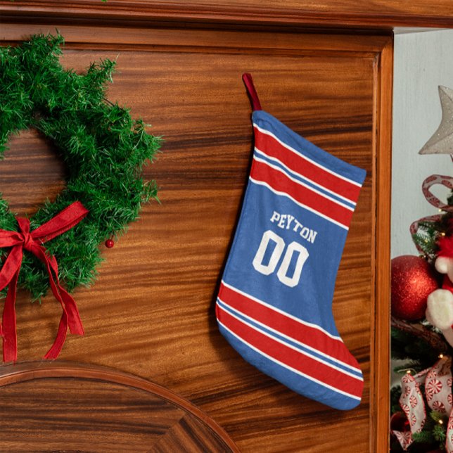Royal Blue, Red & White Football Team Personalized Small Christmas Stocking (Creator Uploaded)