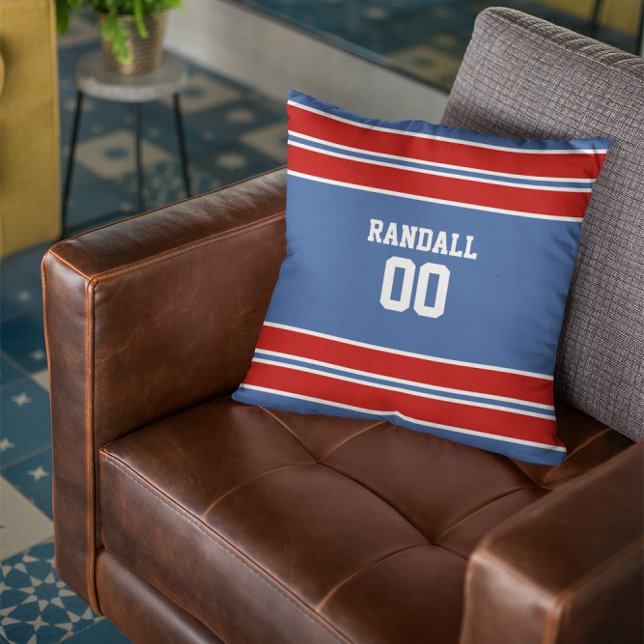 Royal Blue, Red & White Football Team Personalized Throw Pillow (Creator Uploaded)