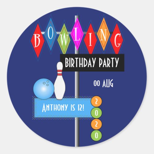Royal Blue Retro Bowling Birthday Party Classic Round Sticker