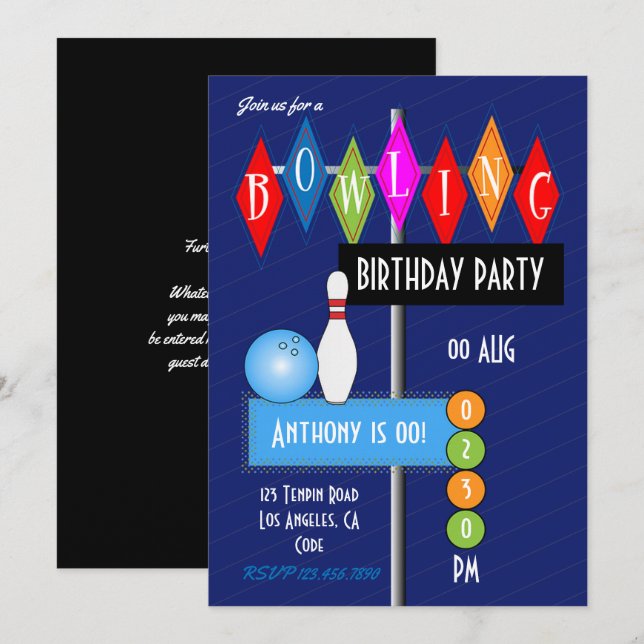 Royal Blue Retro Bowling Birthday Party Invitation (Front/Back)