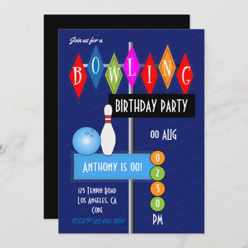 Royal Blue Retro Bowling Birthday Party Invitation