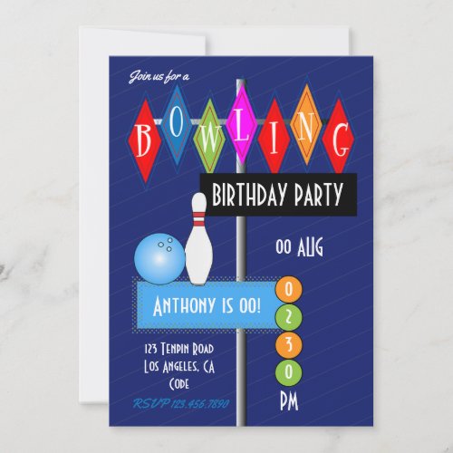 Royal Blue Retro Bowling Birthday Party Invitation